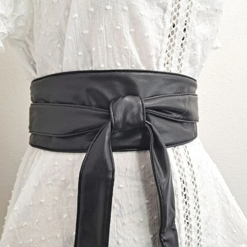 Faux leather Black Corset Obi wrap wide Waist Belt tie boho Classic minimalist